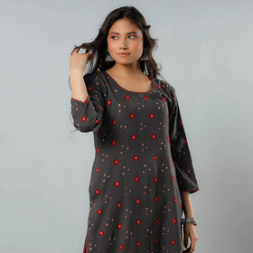 Dark Grey - Bandhani Tie-dye Cotton Long Straight Kurta