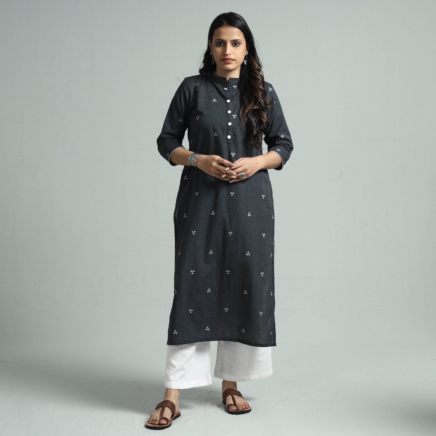 Dark grey jacquard cotton straight kurta - handcrafted