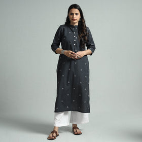 Dark grey jacquard cotton straight kurta - handcrafted