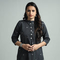 Dark grey jacquard cotton straight kurta - handcrafted