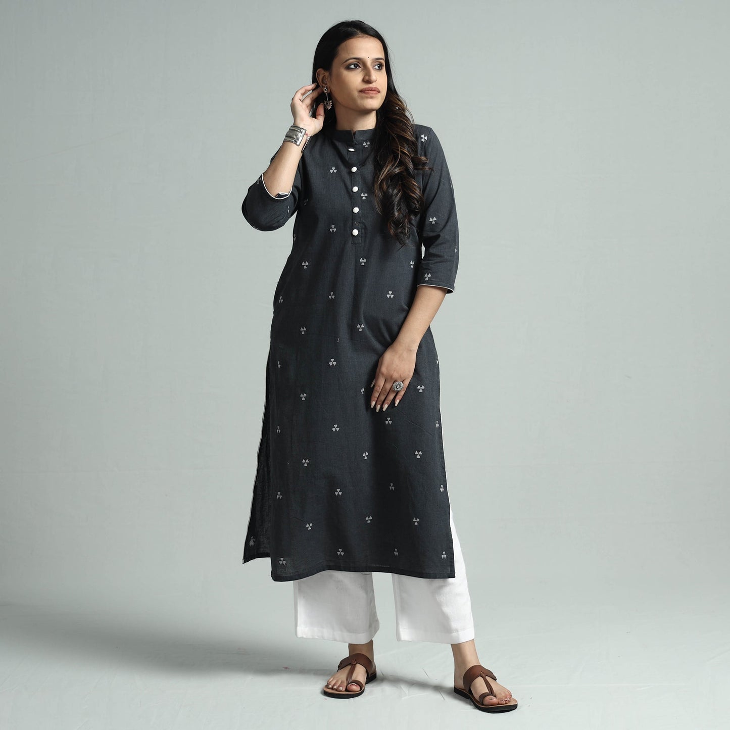 Dark grey jacquard cotton straight kurta - handcrafted