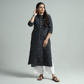 Dark grey jacquard cotton straight kurta - handcrafted
