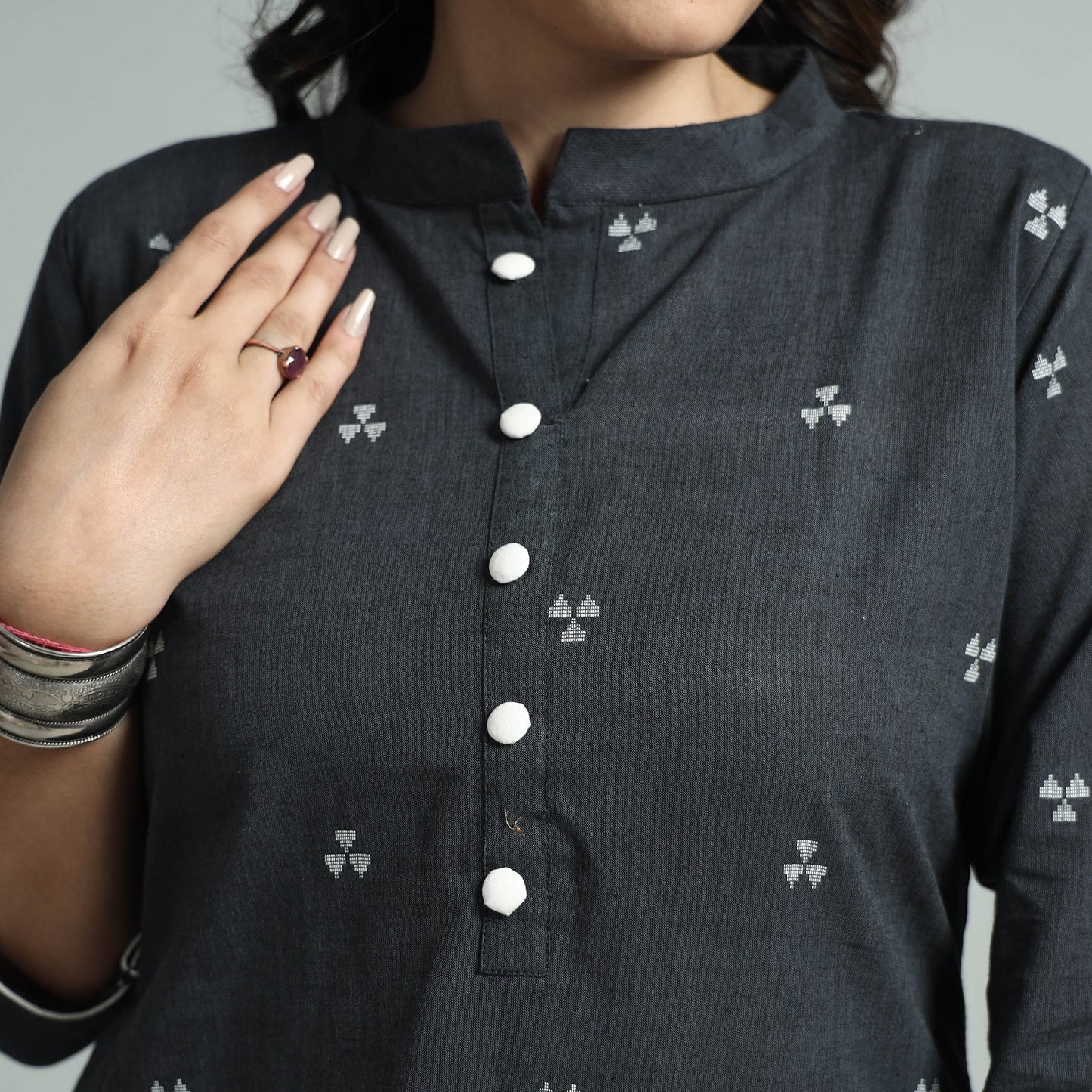 Dark grey jacquard cotton straight kurta - handcrafted