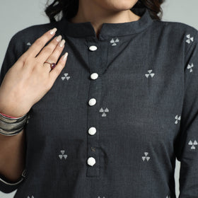 Dark grey jacquard cotton straight kurta - handcrafted