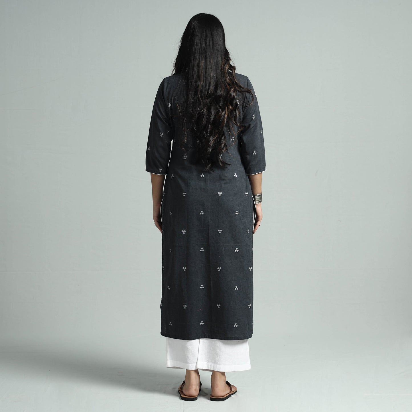 Dark grey jacquard cotton straight kurta - handcrafted