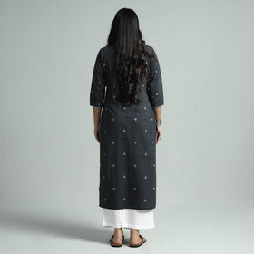 Dark grey jacquard cotton straight kurta - handcrafted