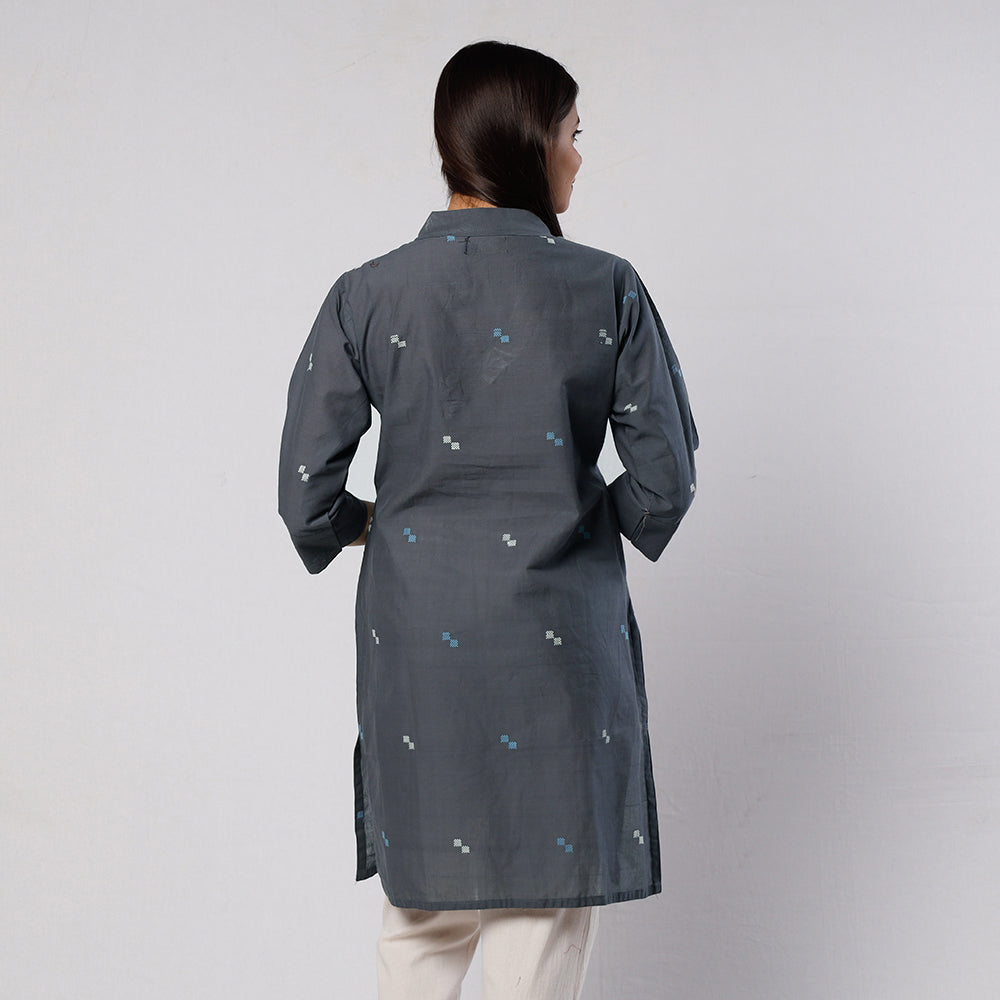 Dark grey jamdani handloom cotton short kurta - handcrafted