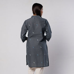 Dark grey jamdani handloom cotton short kurta - handcrafted