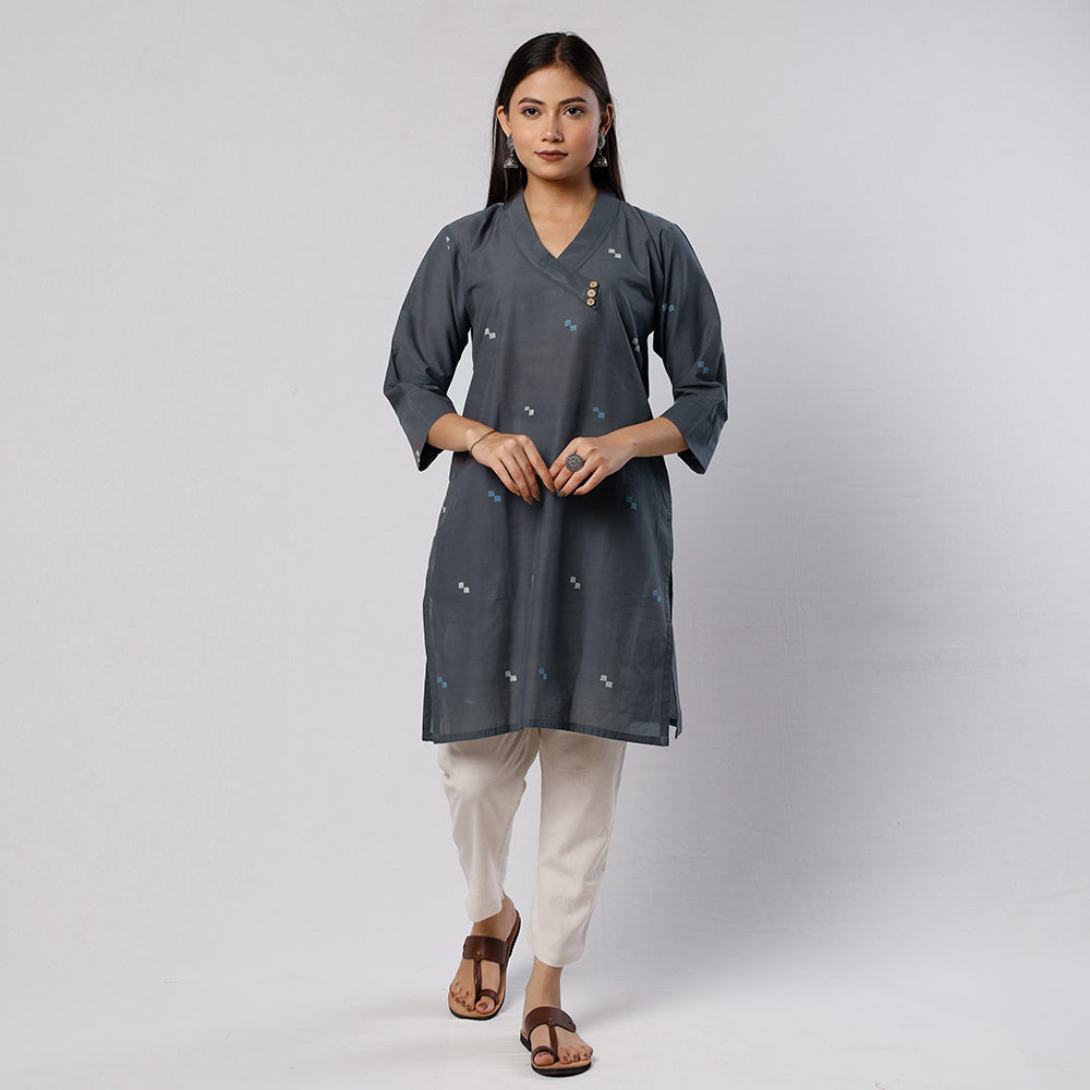 Dark grey jamdani handloom cotton short kurta - handcrafted