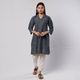 Dark grey jamdani handloom cotton short kurta - handcrafted
