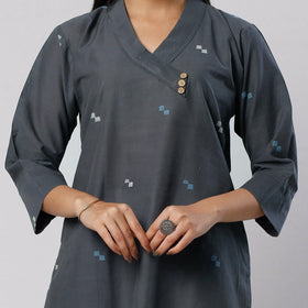 Dark grey jamdani handloom cotton short kurta - handcrafted
