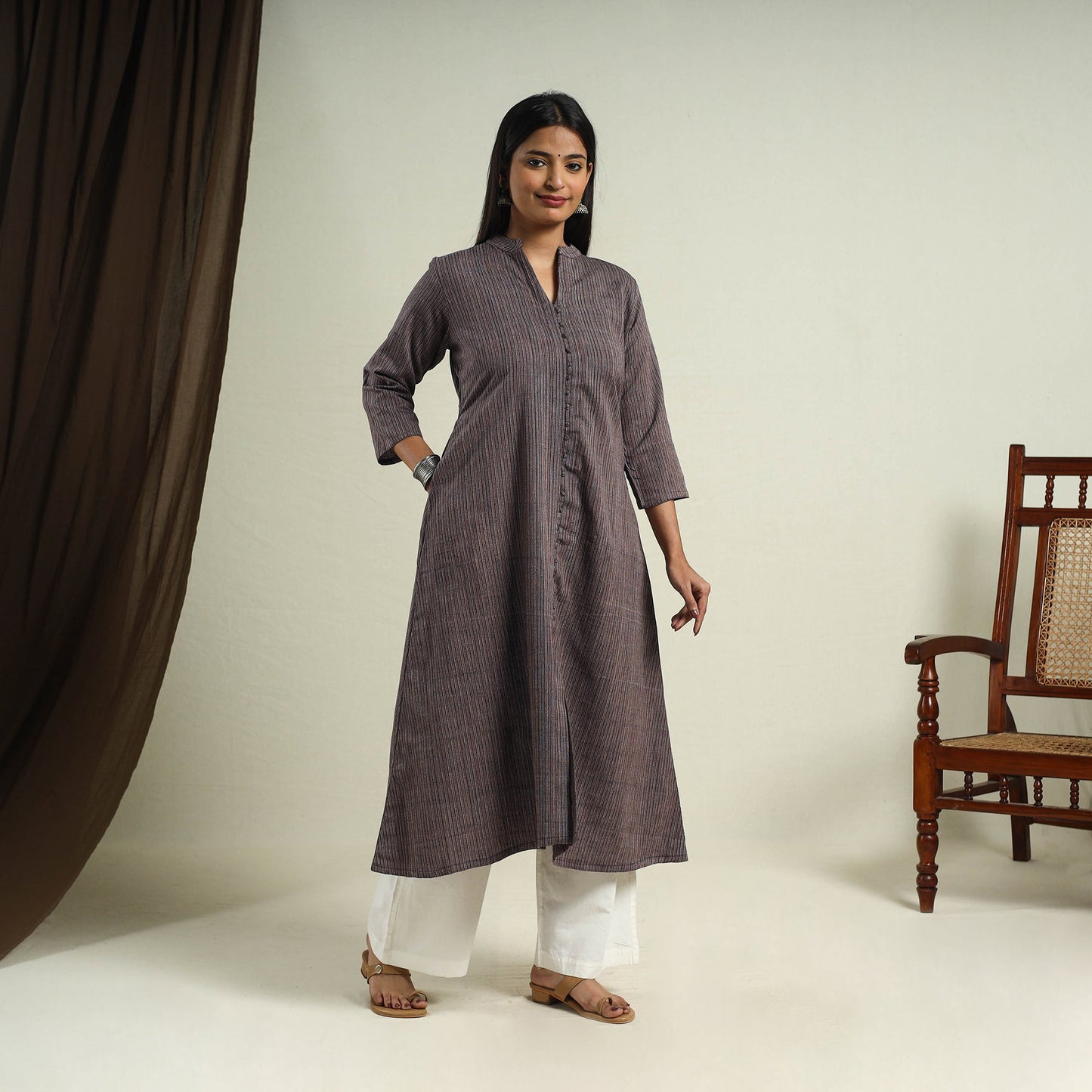  Dark Grey Jhiri Handloom A-Line Cotton Kurta for Women