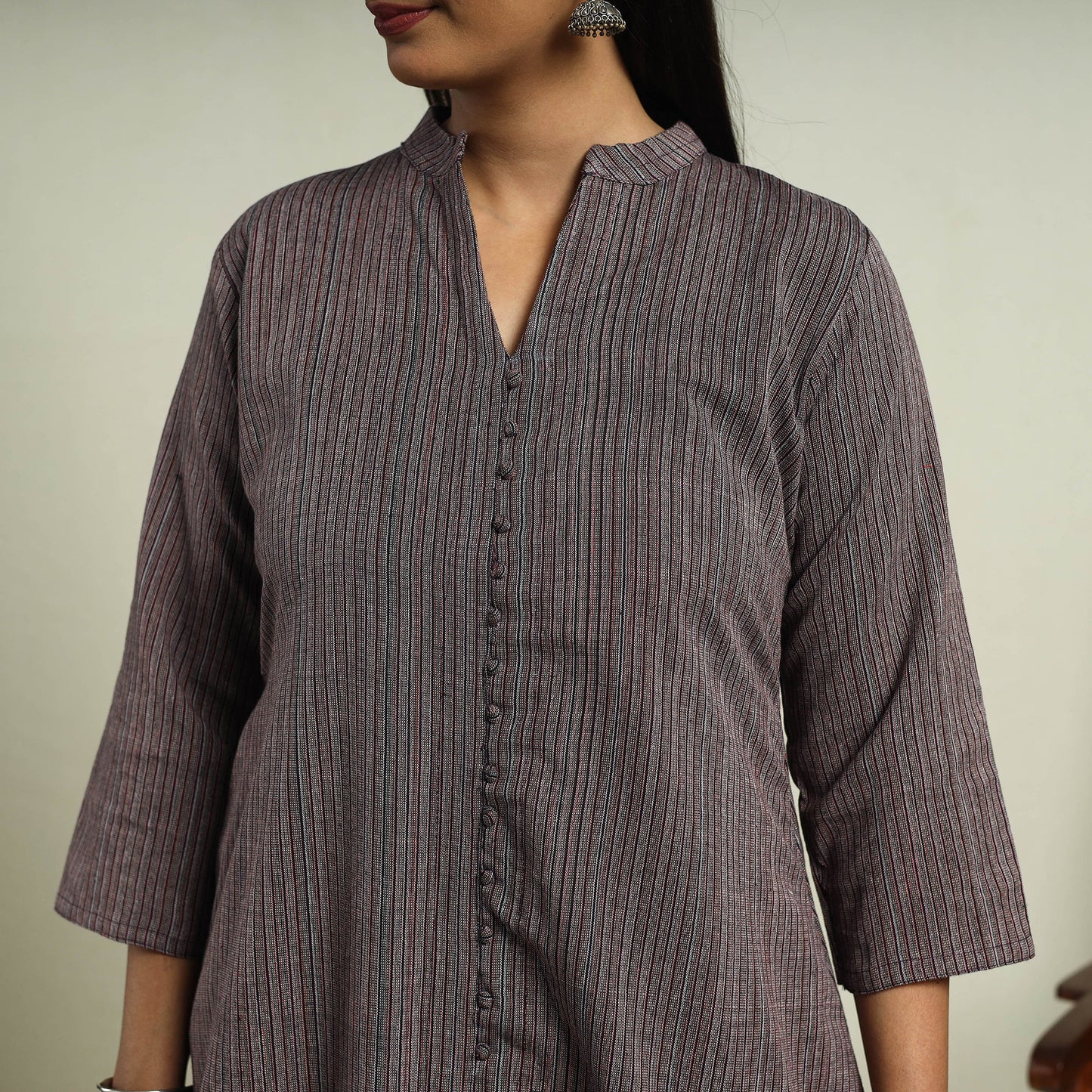  Dark Grey Jhiri Handloom A-Line Cotton Kurta for Women