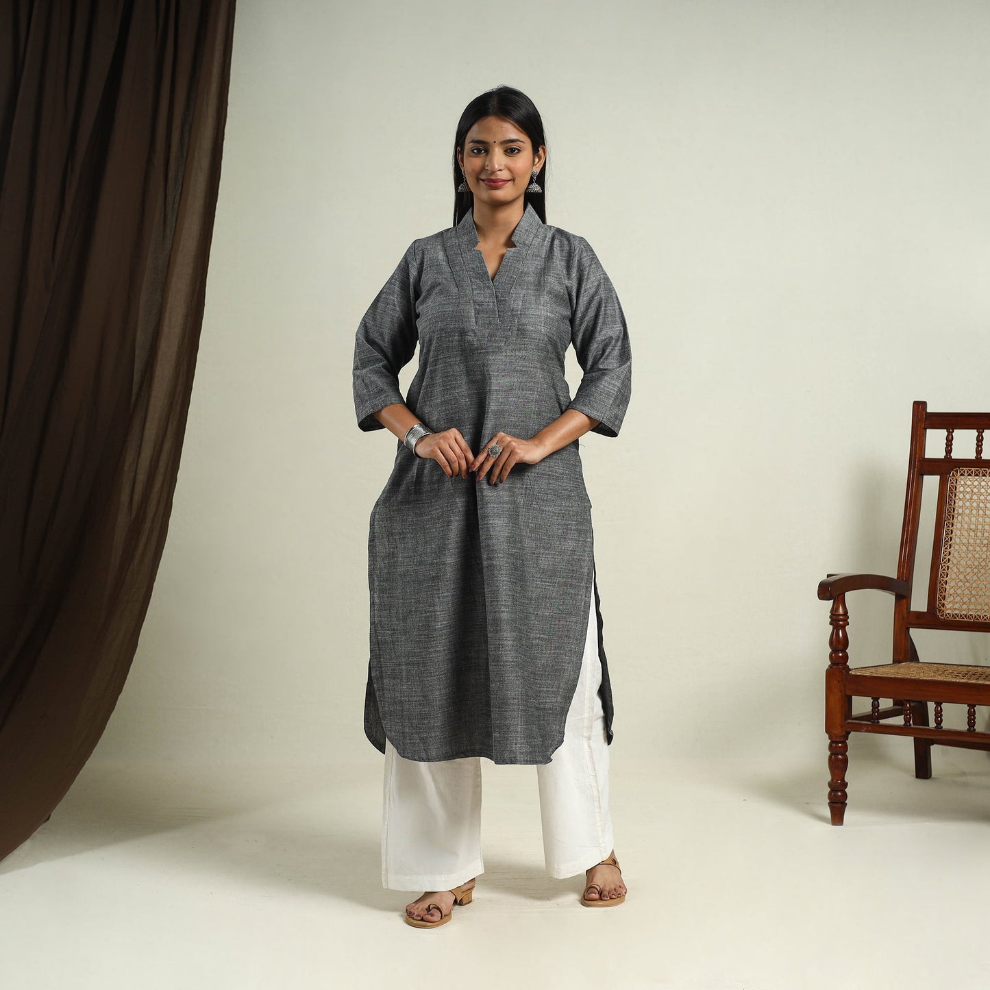 Buy Dark Grey Jhiri Handloom Straight Cotton Kurta for Women