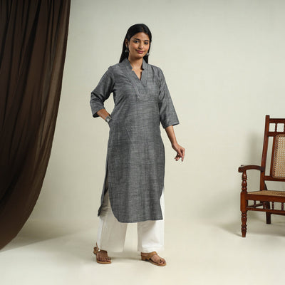 Buy Dark Grey Jhiri Handloom Straight Cotton Kurta for Women