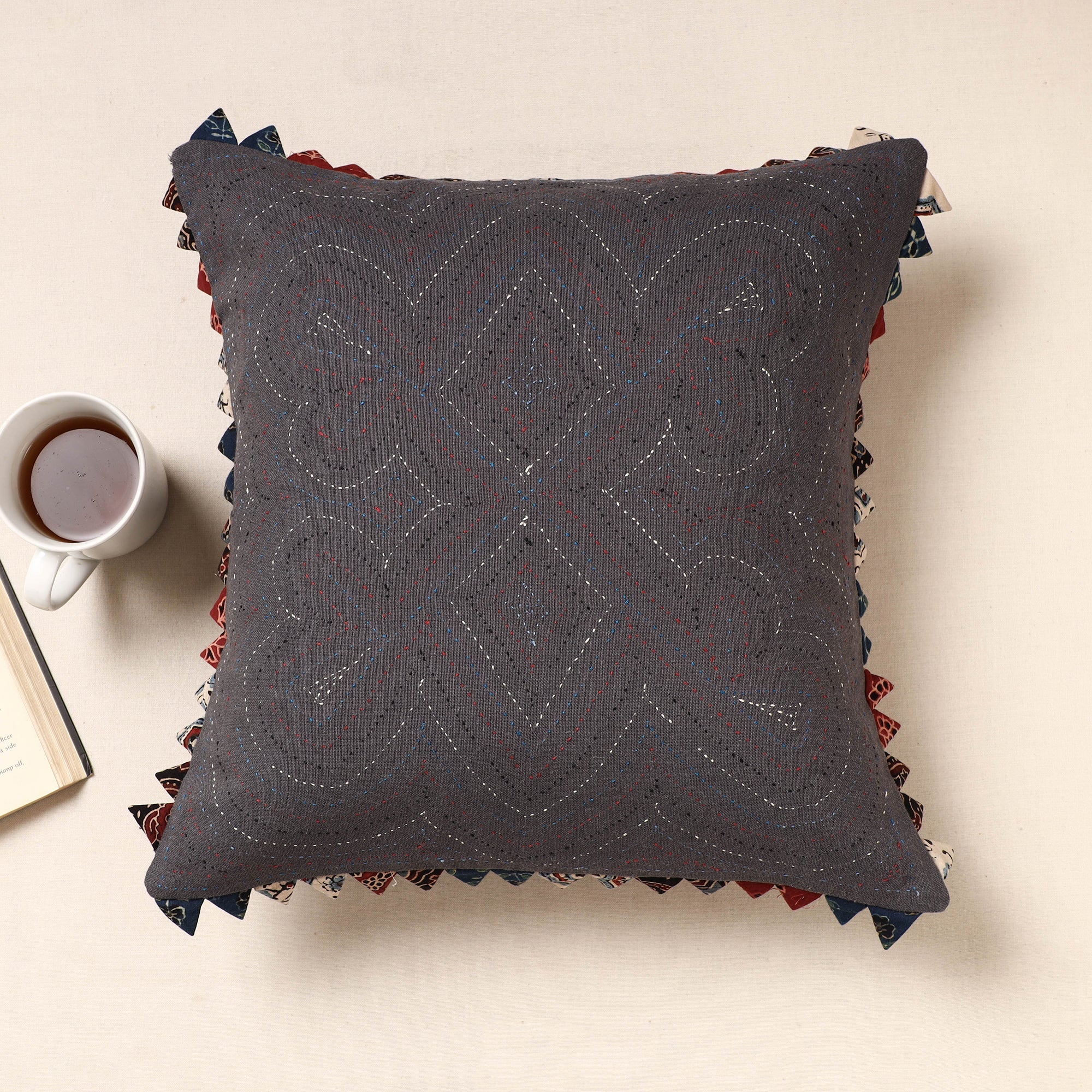 Dark Grey Kala Raksha Tagai Work Cotton Cushion Cover