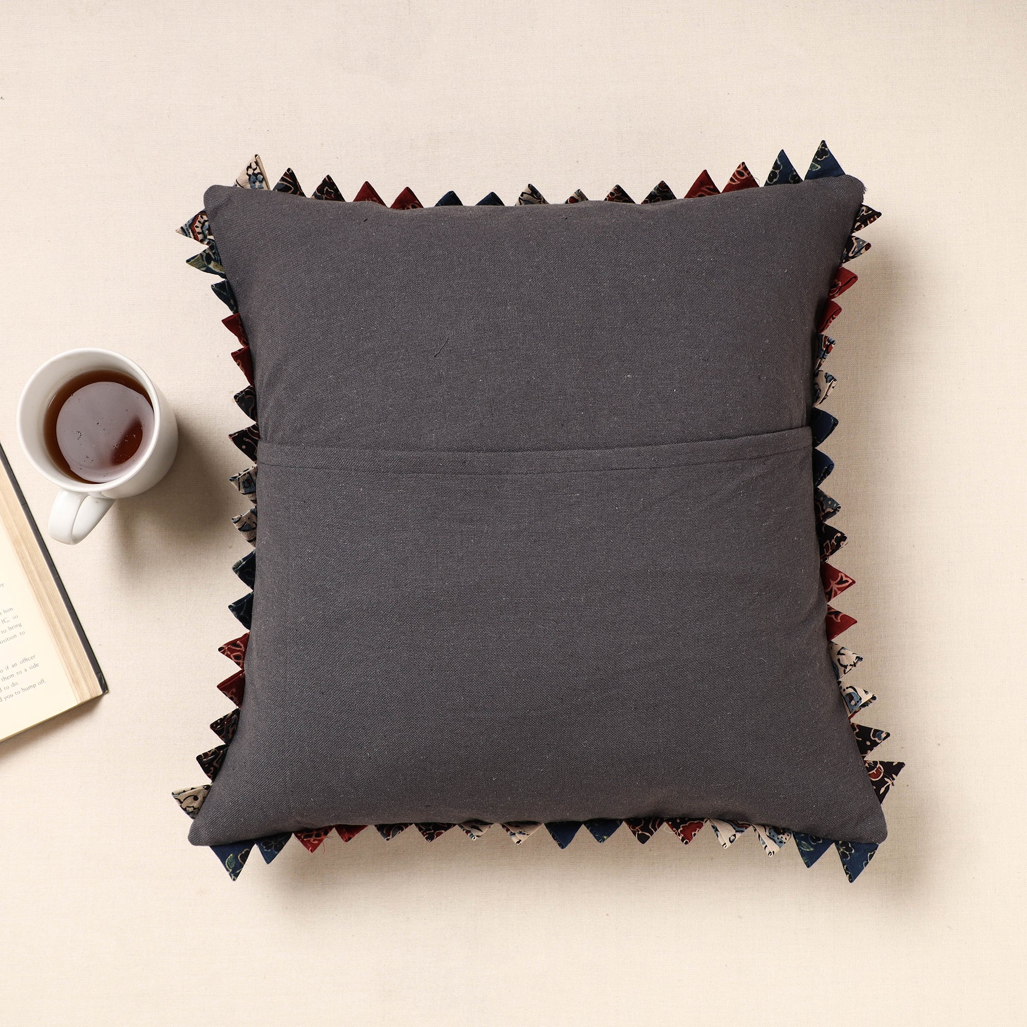 Dark Grey Kala Raksha Tagai Work Cotton Cushion Cover