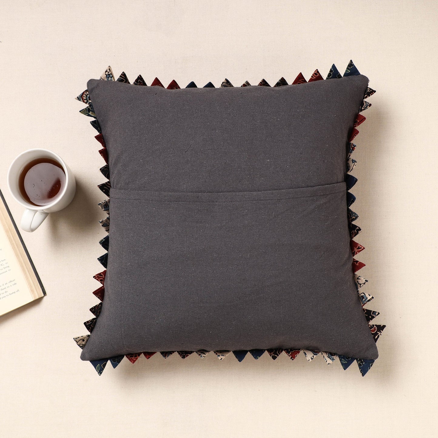 Dark Grey Kala Raksha Tagai Work Cotton Cushion Cover