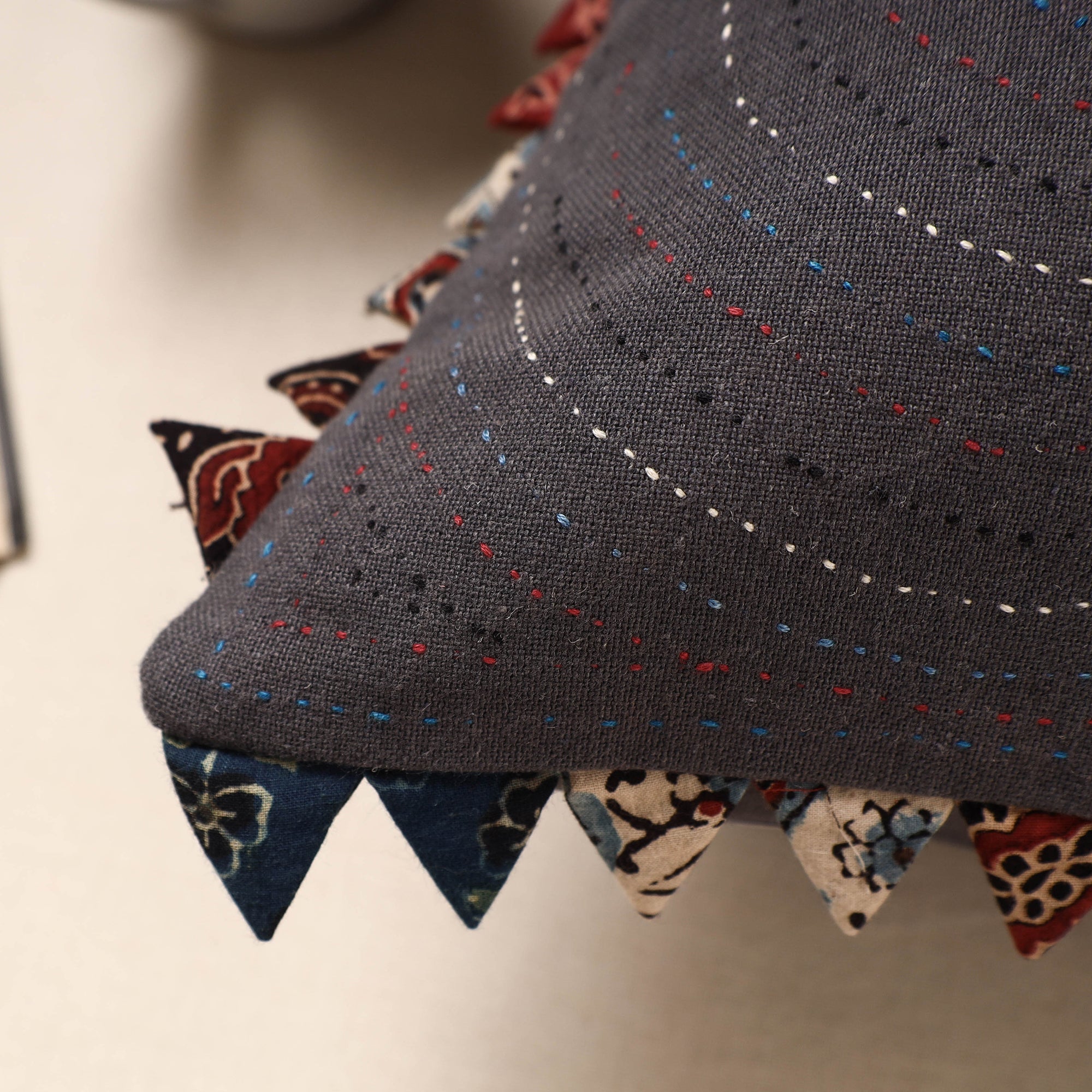 Dark Grey Kala Raksha Tagai Work Cotton Cushion Cover