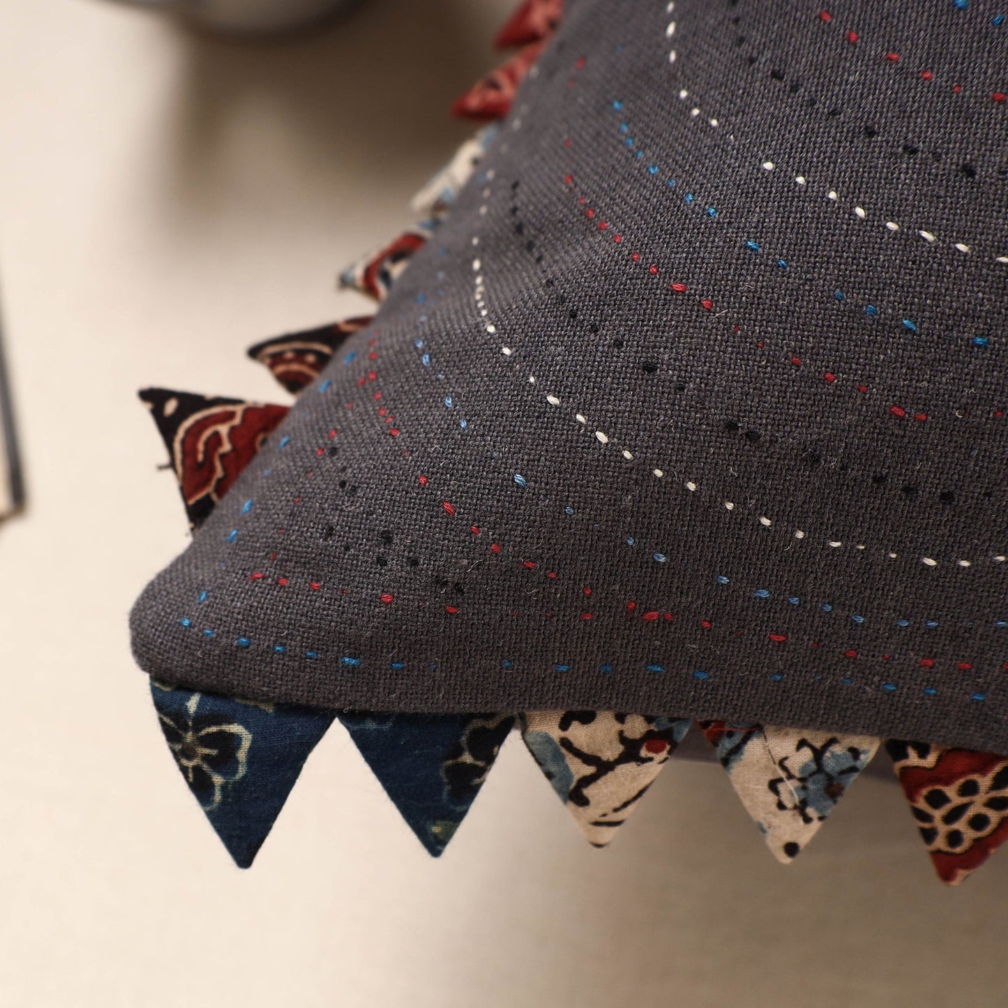 Dark Grey Kala Raksha Tagai Work Cotton Cushion Cover