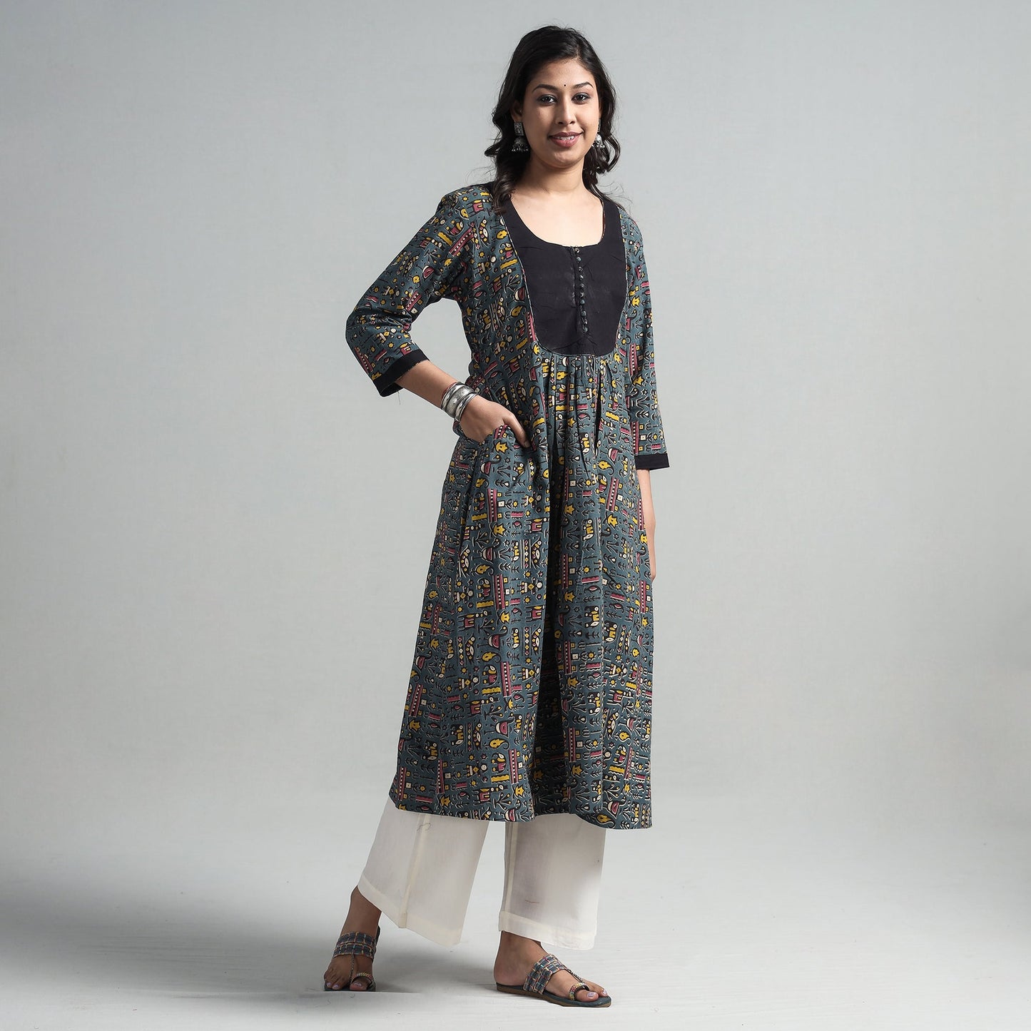 Dark grey - kalamkari printed cotton a-line long kurta