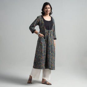 Dark grey - kalamkari printed cotton a-line long kurta