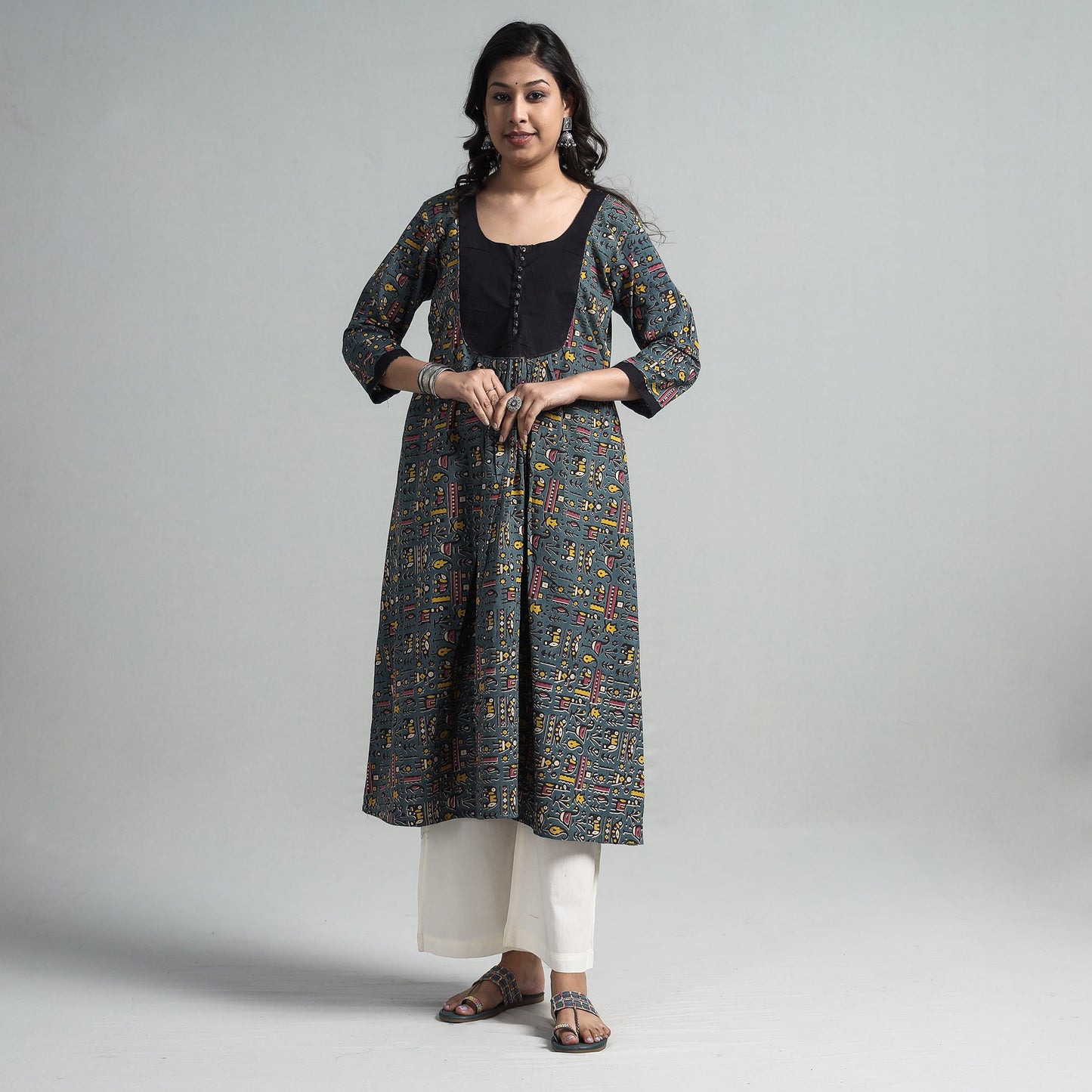 Dark grey - kalamkari printed cotton a-line long kurta
