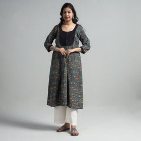Dark grey - kalamkari printed cotton a-line long kurta