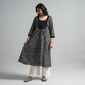 Dark grey - kalamkari printed cotton a-line long kurta