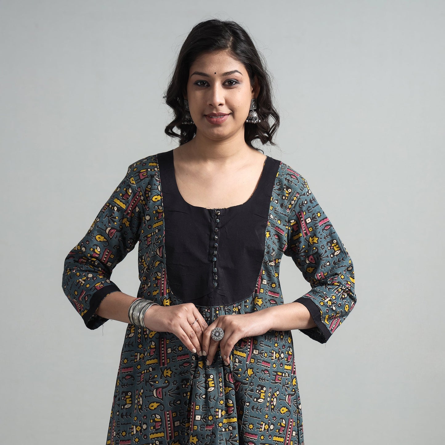 Dark grey - kalamkari printed cotton a-line long kurta