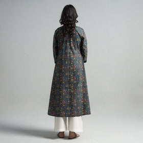 Dark grey - kalamkari printed cotton a-line long kurta