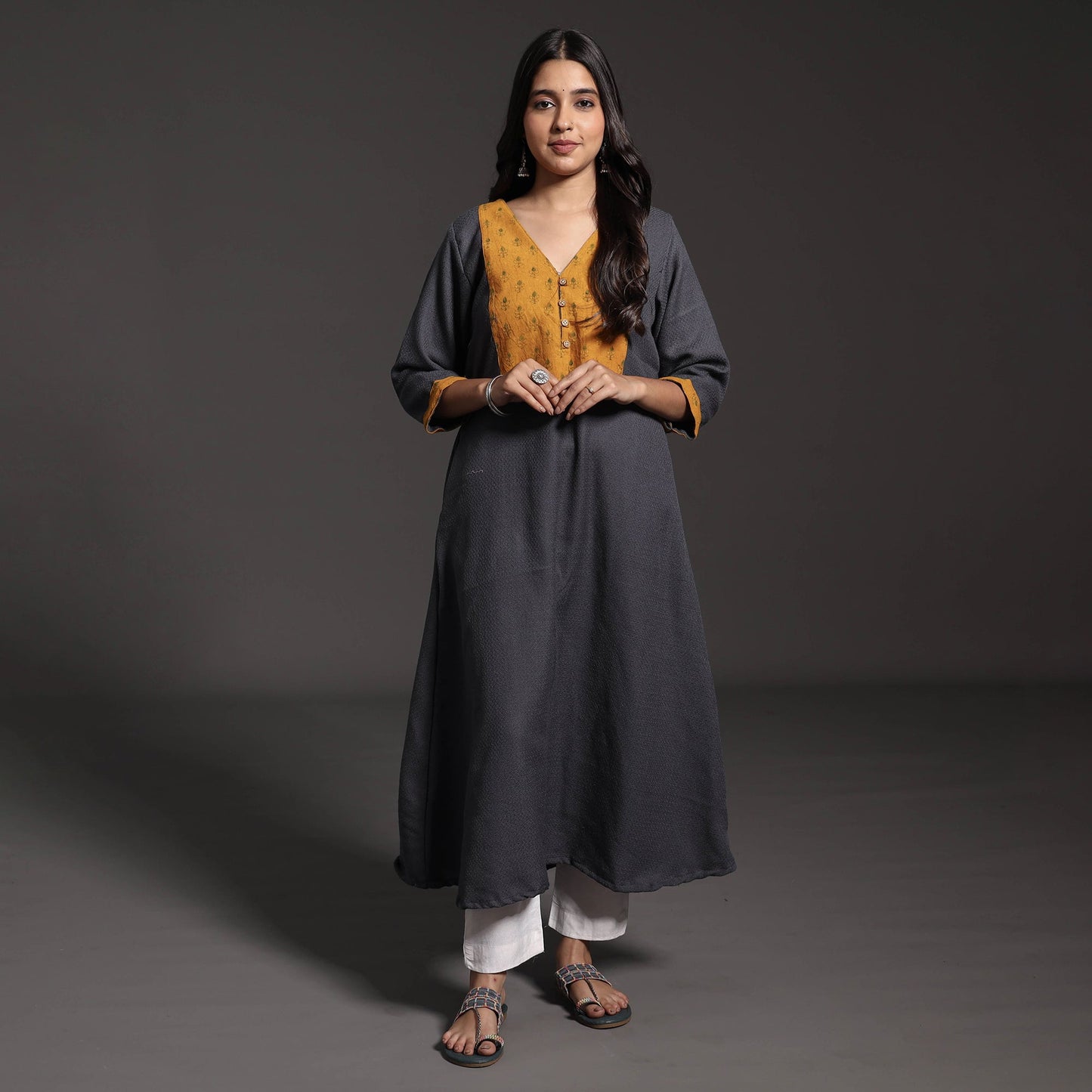 Dark Grey Kumaun Handwoven A-Line Merino Woolen Kurta for Women