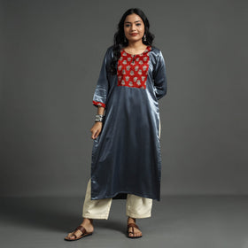 Dark Grey - Plain Mashru Silk with Ajrakh Patchwork Straight Kurta