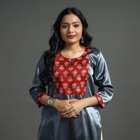 Dark Grey - Plain Mashru Silk with Ajrakh Patchwork Straight Kurta