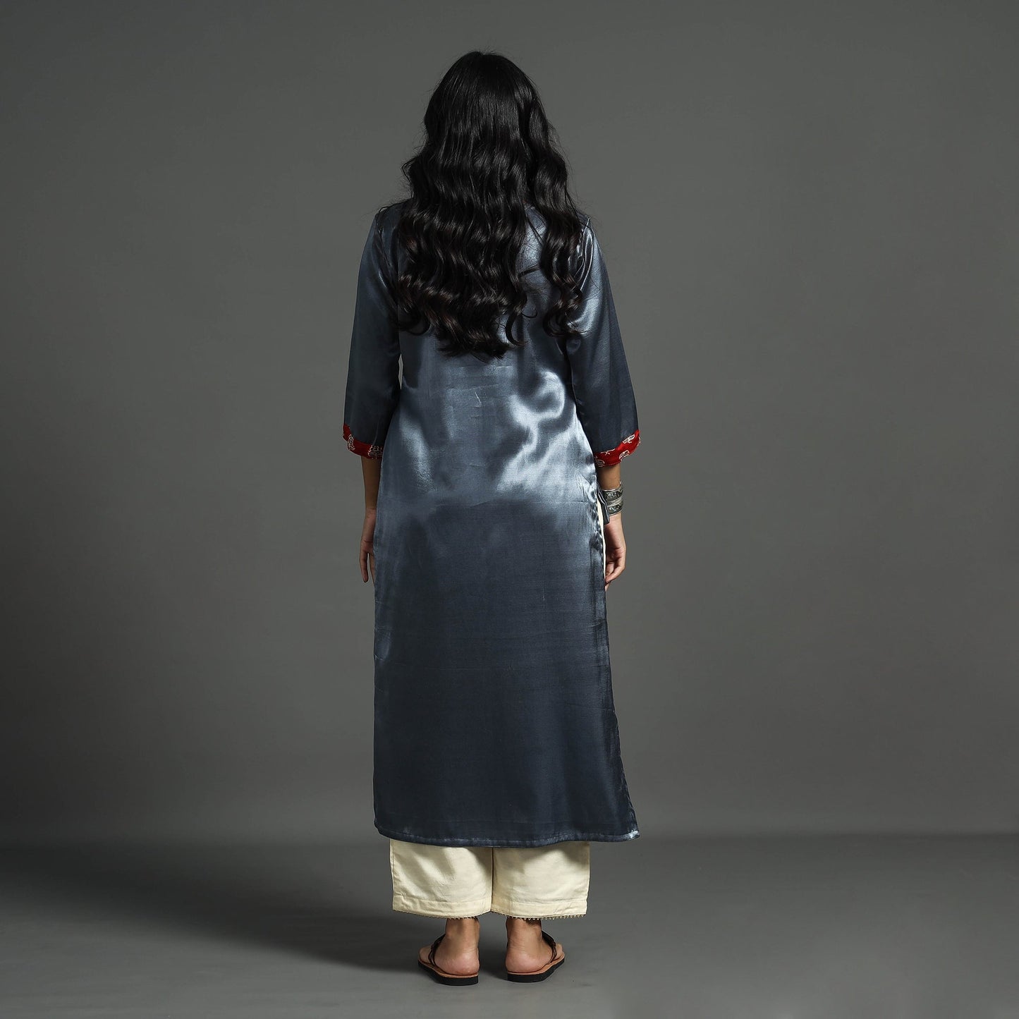 Dark Grey - Plain Mashru Silk with Ajrakh Patchwork Straight Kurta