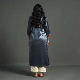 Dark Grey - Plain Mashru Silk with Ajrakh Patchwork Straight Kurta