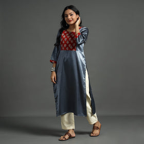 Dark Grey - Plain Mashru Silk with Ajrakh Patchwork Straight Kurta