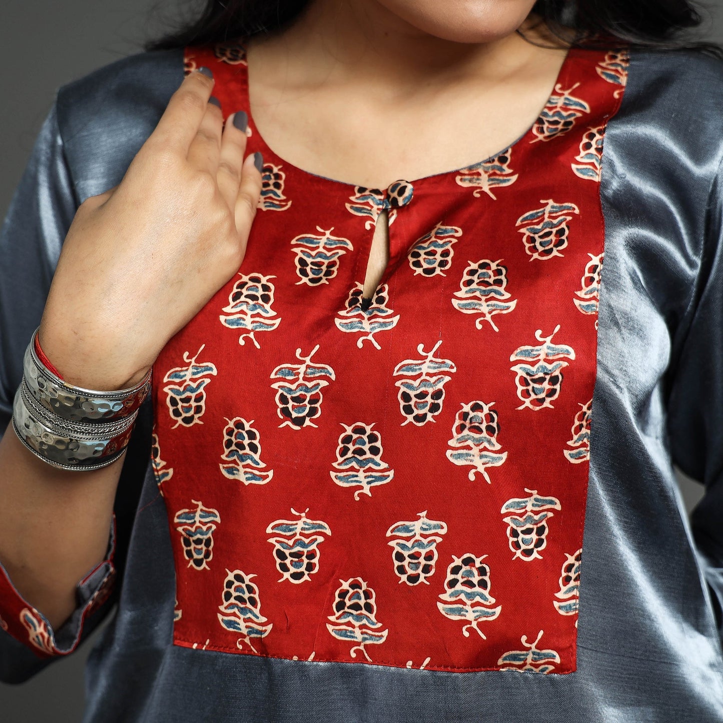 Dark Grey - Plain Mashru Silk with Ajrakh Patchwork Straight Kurta