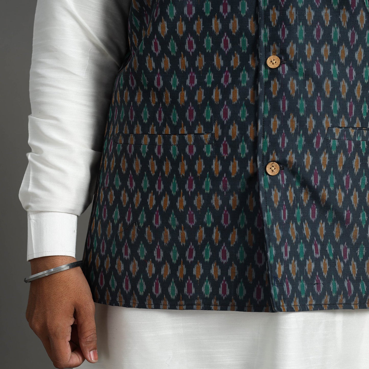 Buy Dark Grey Silk Cotton Pochampally Ikat Nehru Jacket
