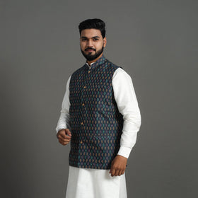 Buy Dark Grey Silk Cotton Pochampally Ikat Nehru Jacket