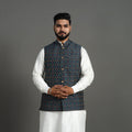 Buy Dark Grey Silk Cotton Pochampally Ikat Nehru Jacket