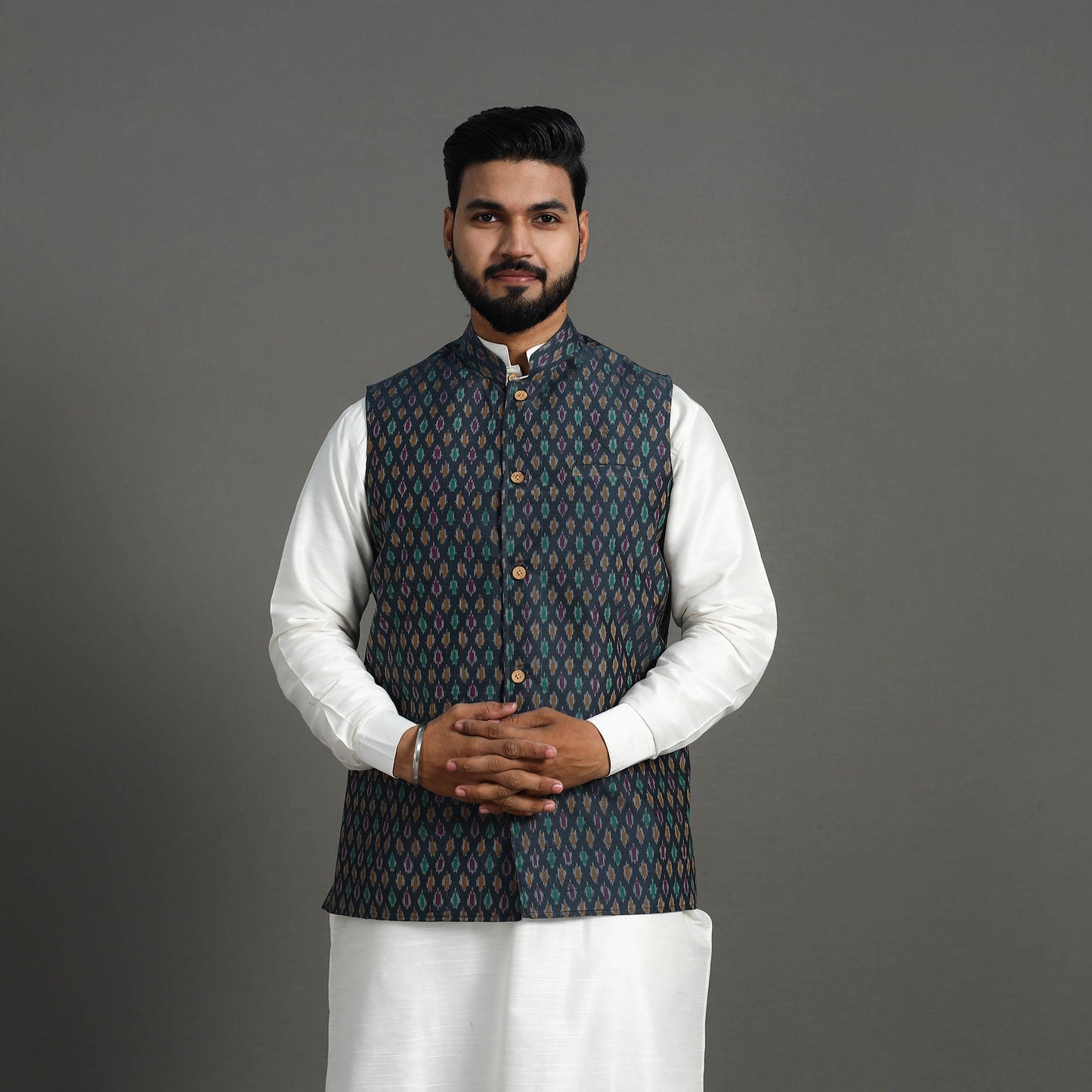 Buy Dark Grey Silk Cotton Pochampally Ikat Nehru Jacket