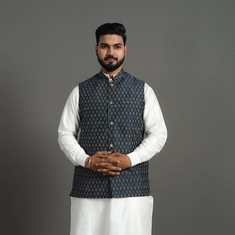 Buy Dark Grey Silk Cotton Pochampally Ikat Nehru Jacket