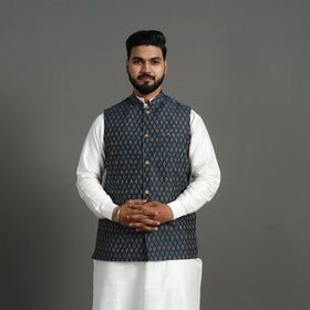 Buy Dark Grey Silk Cotton Pochampally Ikat Nehru Jacket
