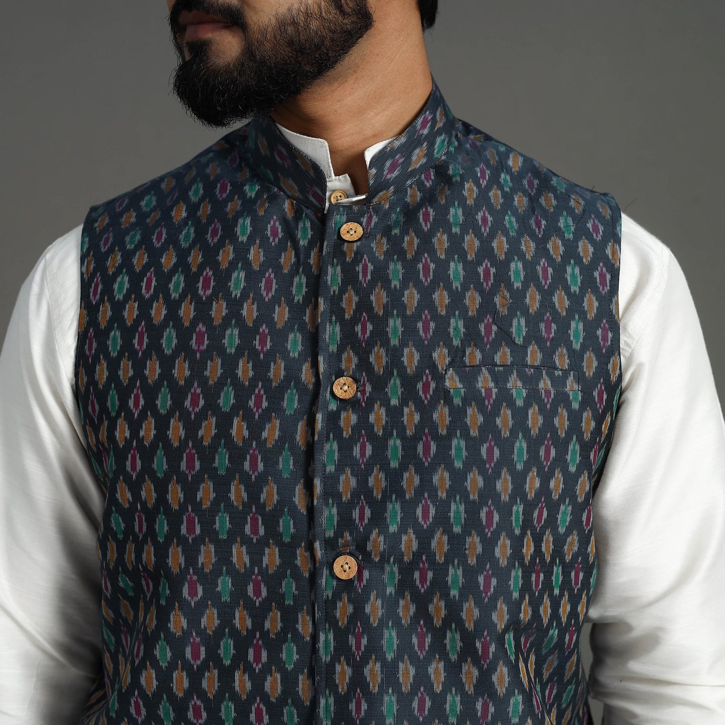 Buy Dark Grey Silk Cotton Pochampally Ikat Nehru Jacket