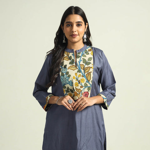 Dark grey - srikalahasti kalamkari patchwork plain linen