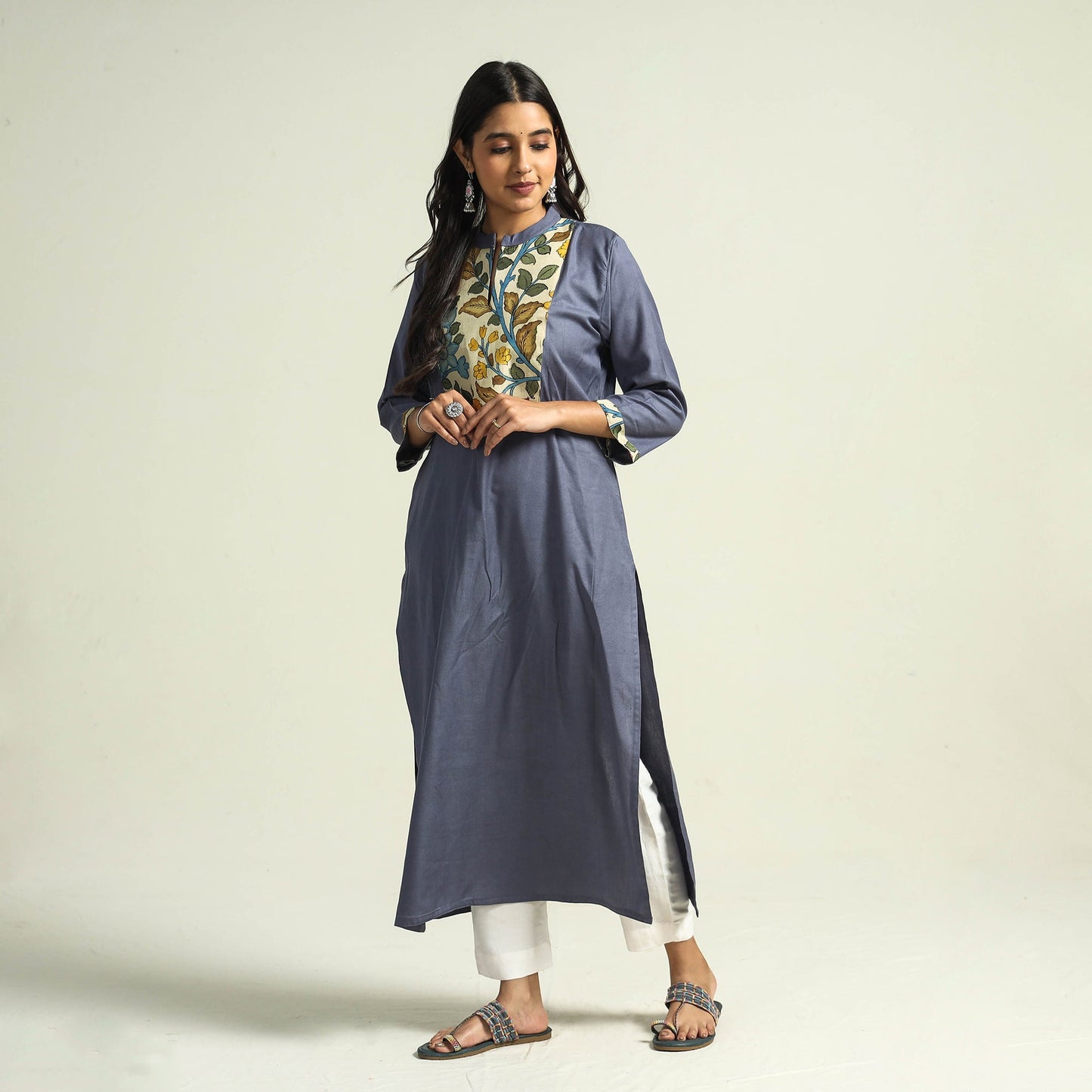 Dark grey - srikalahasti kalamkari patchwork plain linen