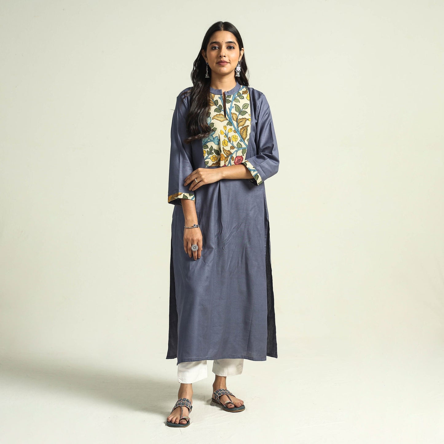 Dark grey - srikalahasti kalamkari patchwork plain linen
