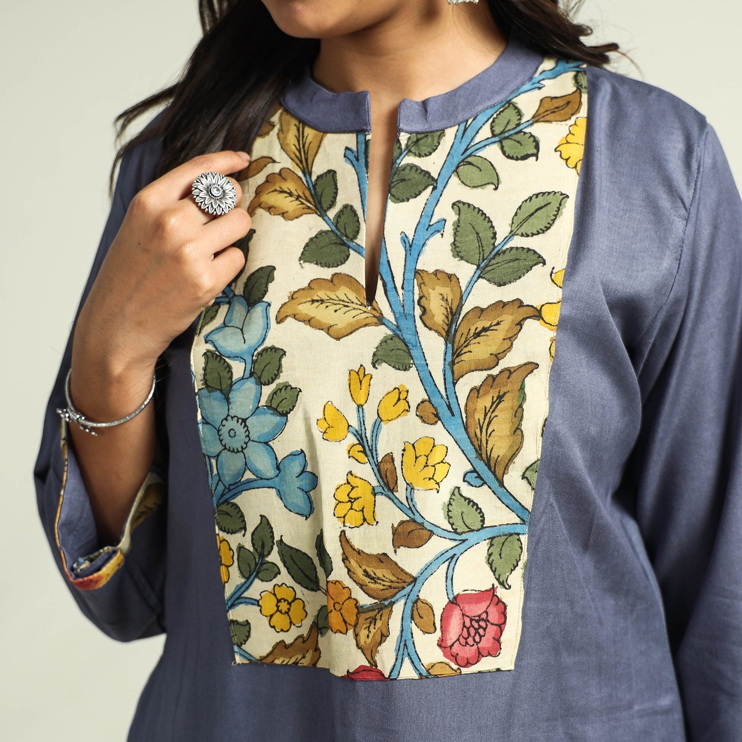 Dark grey - srikalahasti kalamkari patchwork plain linen