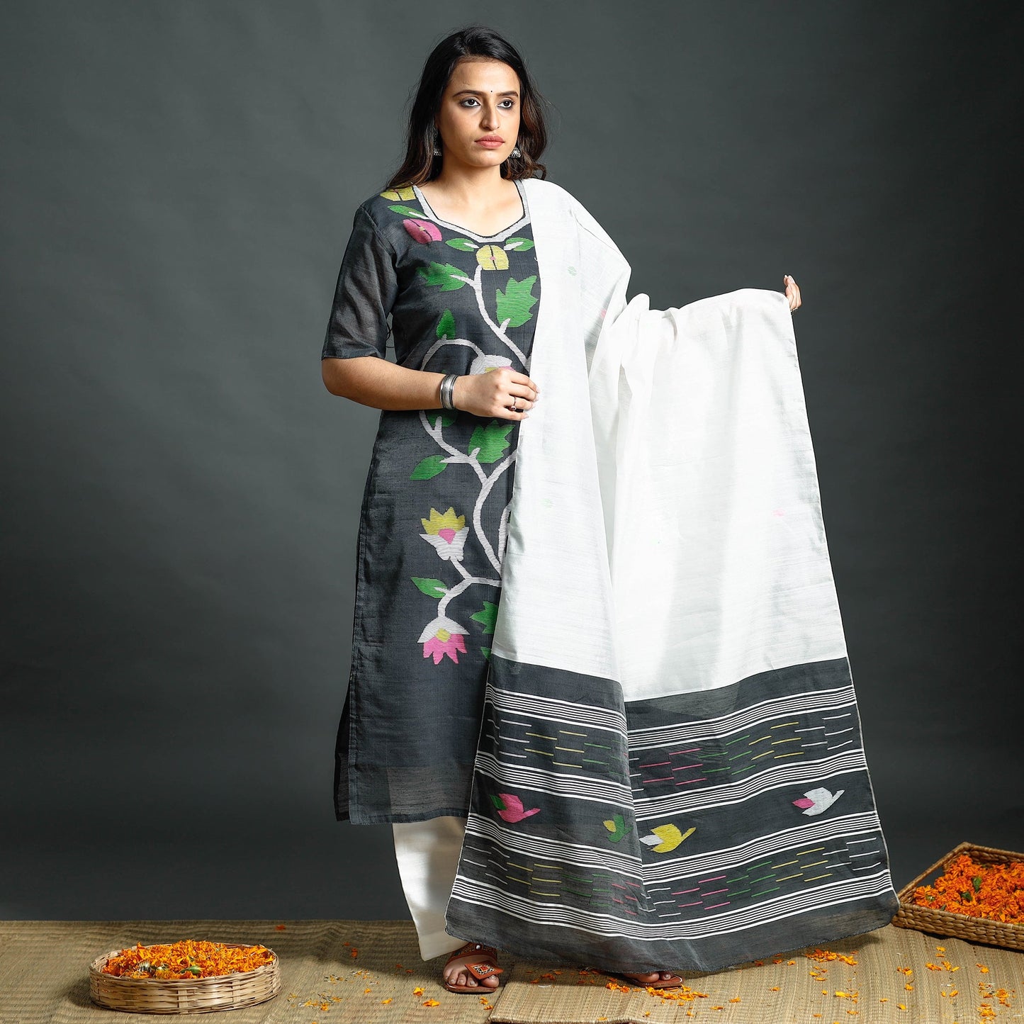 Jamdani Kurta with Palazzo & Dupatta Set